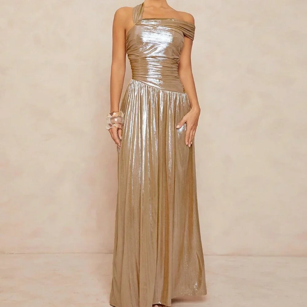 Gold Preppy Women's Asymmetrical Backless Metallic Maxi Dress